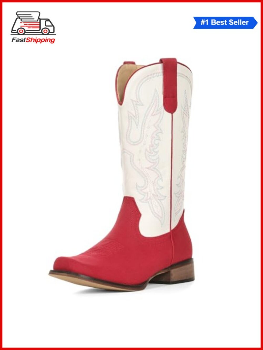 Women's Square Toe Mid Calf Western Cowboy Boots Faux Suede Embroidered Pull-On